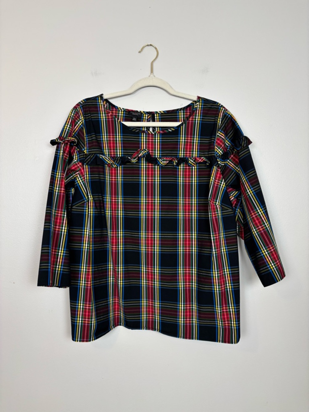 Talbots Petites Womens 2X Stewart Plaid Poplin Popover Ruffle Tunic Blouse